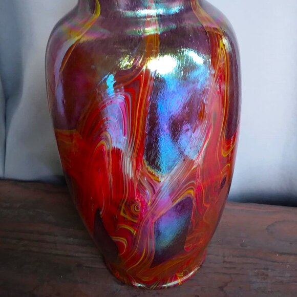 Stunning Art Deco Favrile-Style Bohemian Iridescent Layered Ribbon Glass Vase - Picture 2 of 9